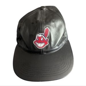 Vintage Leather Chief Wahoo MLB Cleveland Indians Baseball Strapback Hat